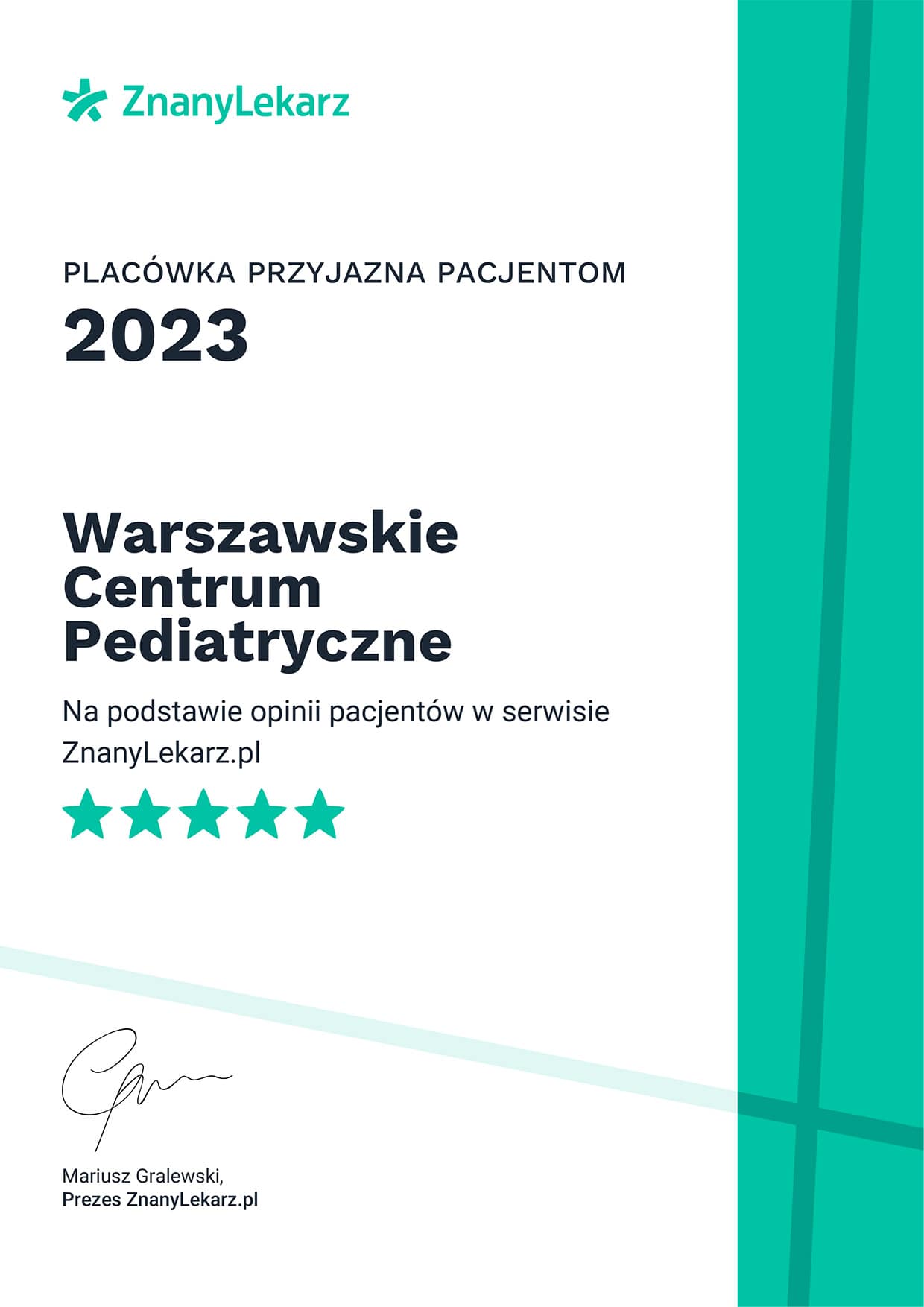 Placówka Przyjazna Pacjentom 2023 - Na podstawie opinii pacjentów w serwisie ZnanyLekarz.pl